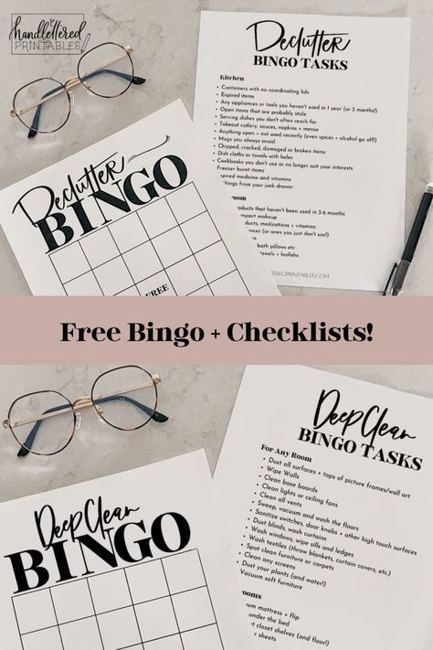 Free Printable Bingo! Declutter + Deep Clean Checklist (made fun!) - Hand Lettered Printables Cleaning Bingo, Minimalist Declutter, Deep Clean Checklist, Clean Checklist, Hand Lettering Printables, Free Printable Bingo Cards, Clean Countertops, Declutter Checklist, Deep Cleaning Checklist