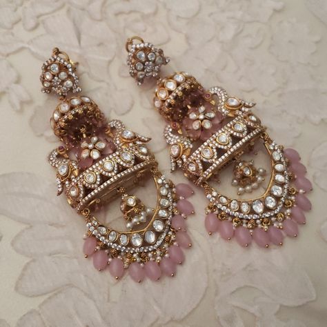 Nwt, Indian Bridal Earrings. Exquisite. Articulated, So They Move With You. 4 Inches Long. Swarovski Clear Crystals With Pink Beads. Handmade In India. Stunning! Statement Earrings! Light Pink Indian Jewellery, Luxury Gold Jhumkas With Pearl Drop, Pink Indian Jewelry Set, Indian Earrings Traditional Studs, Indian Wedding Jewellery Bridal Jewelry, Simple Indian Earrings, Fancy Jewellery Handmade, Royal Jewelry Earrings, Indian Jewelry Sets Bridal