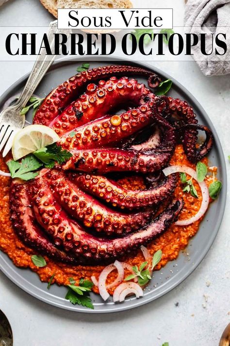 This Sous Vide Octopus recipe is the most foolproof way to get tender, flavorful octopus. Finish it off on a hot grill or skillet to get the most perfect char on the outside. // spanish // recipe // charred // grilled Octopus Food, How To Cook Octopus, Octopus Recipe, Octopus Recipes, Juicy Pork Chops, Grilled Octopus, Sous Vide Recipes, Sous Vide Cooking, Life Tree