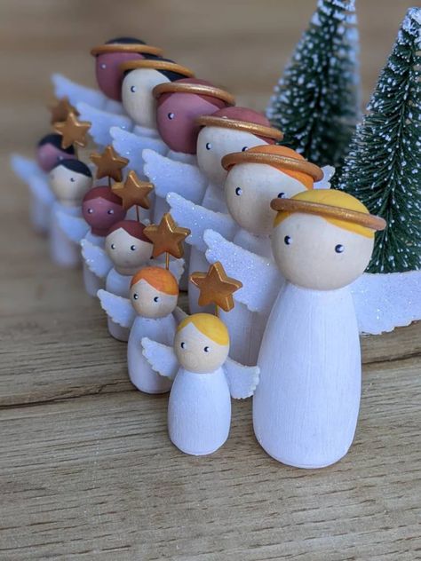 Wooden Angels Cute Peg Dolls Hand Painted With Shimmering - Etsy Singapore Nativity Peg Doll, Wooden Angels, Clay Star, Christmas Pebble Art, Wooden Angel, Wood Peg Dolls, Christmas Crafts For Adults, Doll Diy Crafts, Angel Crafts