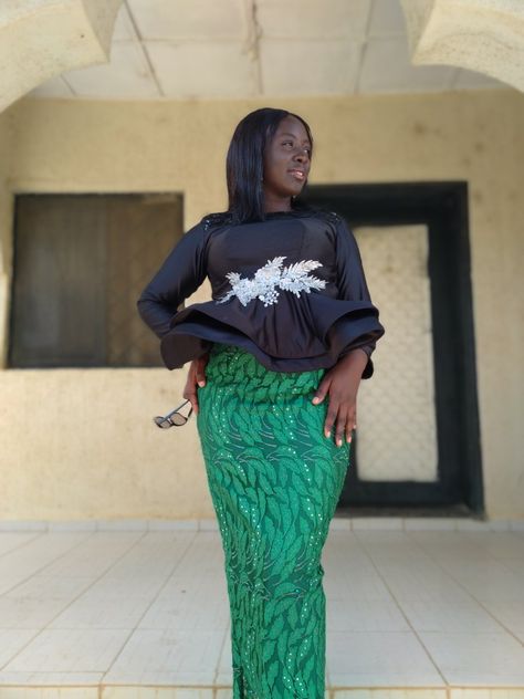 Peplum top and skirt aso ebi style. Top And Long Skirt, Lace Peplum Top, Lace Peplum, Straight Skirt, Long Skirt, Lace Skirt, Peplum Top, Skirt, Lace