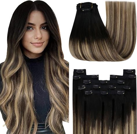 YoungSee Brown Clip in Hair Extensions Human Hair 20 Inch Clip On Human Hair Extensions Natural Black to Dark Brown with Caramel Blonde Ombre Clip in Hair Extensions 7Pcs 120G Balayage Black, Micro Ring Hair Extensions, Bonded Hair Extensions, Sew In Hair Extensions, Extensions Clip In, Real Hair Extensions, Caramel Blonde, Ombre Hair Extensions, Real Human Hair Extensions