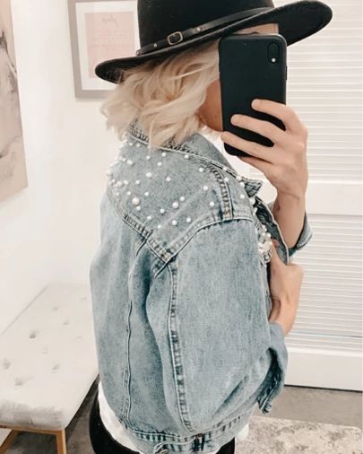 Pearl Jean jacket Amazon find #liketkit #LTKunder50 #LTKSeasonal #LTKstyletip #amazonfind #amazonfashion #jeanjacket #outerwear #fall #denim #ootd #instagram #instafashion http://liketk.it/366uU @liketoknow.it Pearl Jean Jacket Outfit, Edgy Medium Wash Denim Jacket, Denim Pearl Jacket, Jean Jacket With Pearls, Pearl Embellished Denim Jacket, Edgy Black Denim Outerwear, Pearl Short Jean Coat, Denim Jacket With Pearls, Pearl Jean Jacket