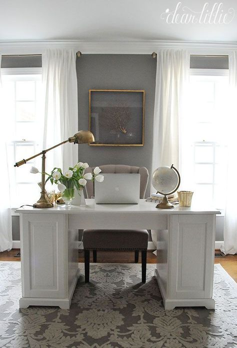 Pretty white office - like the curtains and lamp Jenni's Home - Home Office - Dear Lillie Studio Interior Kantor, Feminine Home Offices, Dear Lillie, Cool Office Space, Cozy Home Office, The Curtains, White Desk, Office Guest Room, Home Office Inspiration