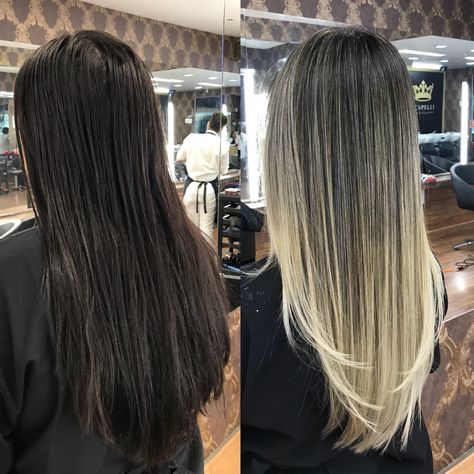 Blonde Ombre Balayage Dark Roots, Blonde With Dark Brown Roots, Dark Blonde Hair With Dark Roots, Black Root Blonde Hair, Blonde Ombre On Black Hair, Black Roots Blonde Hair Balayage, Blonde Hair With Black Roots, Blonde Black Roots, Blonde With Black Roots