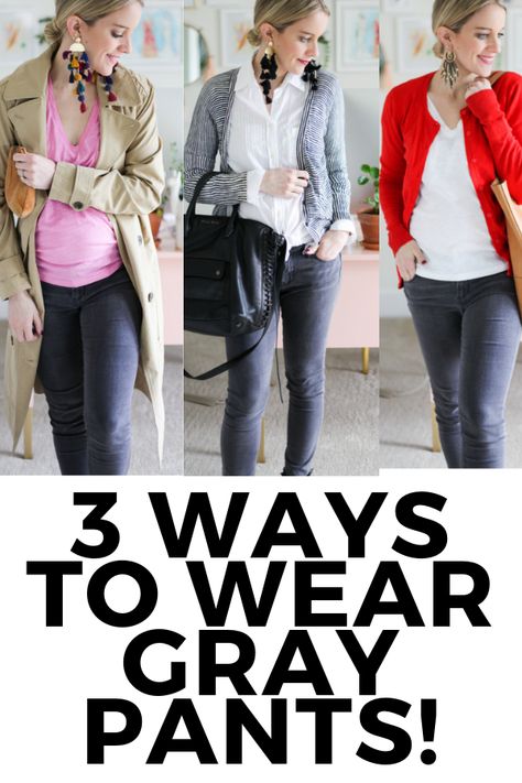 3 ways to wear gray pants! Also includes ideas for accessories! gray pant outfit ideas. Gray Corduroy Pants Outfit Women, Gray Corduroy Pants Outfit, Outfits With Gray Pants, What To Wear With Grey Pants, Gray Pants Outfit Casual, Gray Dress Pants Outfit, Gray Pants Outfit For Work, Grey Dress Pants Outfit, Grey Pants Outfit