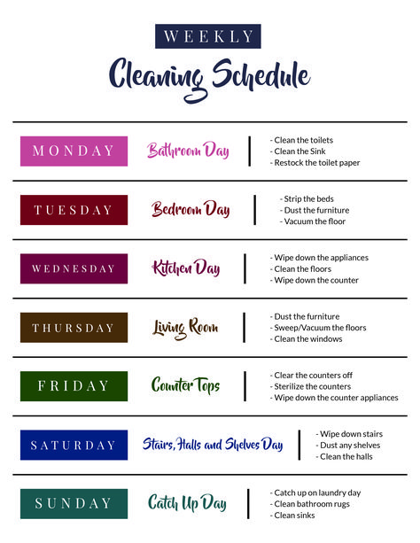 Weekly Home Cleaning Schedule - Routine schedule. This cleaning schedule breaks it down by room. Love this printable for cleaning my house. #Cleaning #Printable Cleaning Weekly Schedule, Simple Cleaning Checklist, Home Cleaning Schedule, Beauty Routine Weekly, Beauty Routine Schedule, Weekly Checklist, Cleaning Chart, Routine Schedule, Beauty Routine Checklist