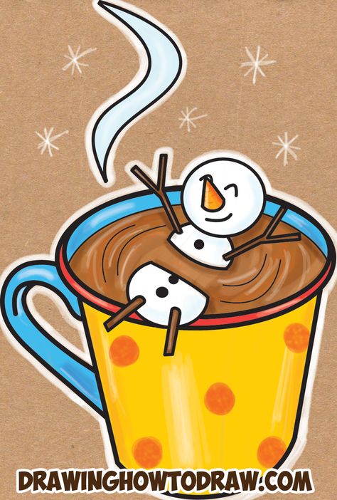 Learn How to Draw a Snowman Swimming in a Hot Cup of Cocoa Simple Steps Drawing Lesson for Beginners for Winter and Snowy Weather Hot Chocolate Drawing, Christmas Drawings For Kids, Draw A Snowman, Easy Christmas Drawings, Winter Art Lesson, Easy Step By Step Drawing, Winter Drawings, Draw Step By Step, Cup Of Cocoa