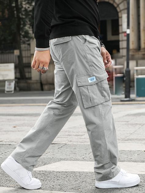 Grey Street Collar  Fabric Letter Cargo Pants Embellished Non-Stretch  Men Clothing Gray Cargo Pants Outfit, Grey Cargo Pants Outfit, Green Cargo Pants Outfit, Cargo Pants Outfit Men, Cargo Outfit, Grey Cargo Pants, Pants Outfit Men, Rugged Men, Cargo Pants Outfit