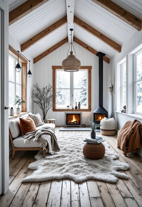 Small Cabin Interior Ideas Scandinavian Cabin Design, Whitewash Cabin, Ski Cabin Aesthetic, A Frame Cabin Interior Ideas, Small Modern Cabin Interior, Small Cabin Exterior Ideas, One Room Cabin Interior, Small Cabin Interior Ideas, Cabin Interiors Cozy