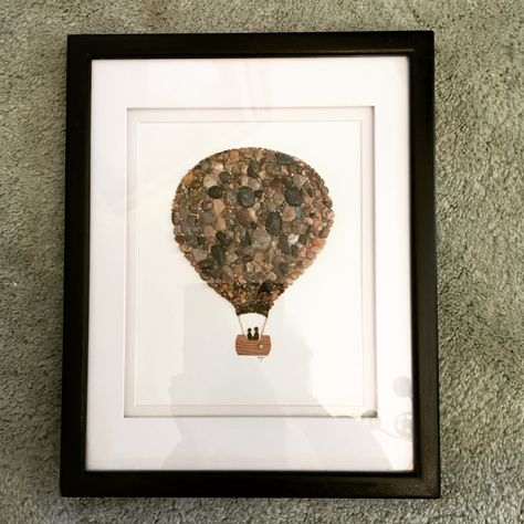 Custom piece, hot air balloon! #not air balloon, #custom-order #pebble art #pebble art by Lynn #OOAK Seaglass Art, Stone Crafts, Lake Erie, Sea Glass Art, Travel Themes, Pebble Art, Stone Art, Hot Air Balloon, Air Balloon