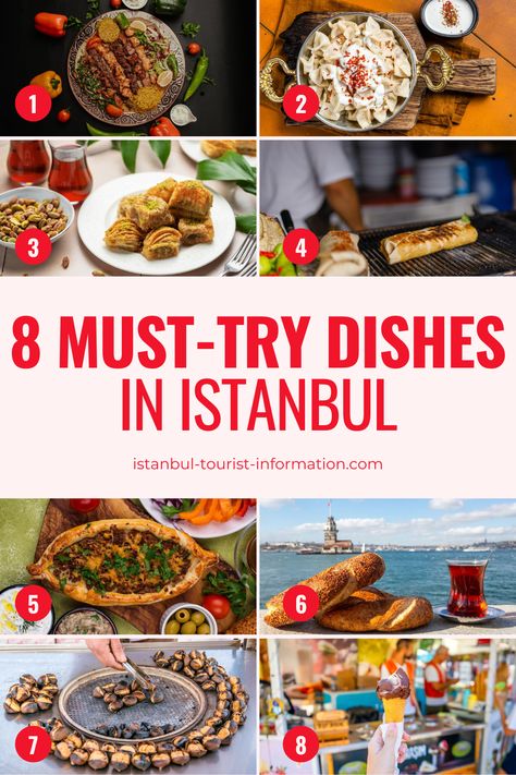 A collage of delicious Turkish foods: Iskender Kebab with yogurt, cheesy Pide, a Meze platter with stuffed grape leaves, crispy Börek, Menemen with bread, sweet Baklava, Simit, and Künefe with melted cheese. A simple guide to what to eat in Istanbul! Turkish Ice Cream, Istanbul Food, Istanbul Airport, Traditional Dishes, Street Foods, Tourist Information, Kebabs, Best Dining, Turkish Recipes