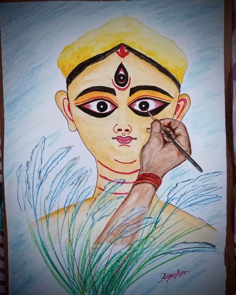 Maa Durga- using water colour and oil pastel colours- Dipankar Halder Oil Pastel Colours, Cool Pencil Drawings, Maa Durga, Basic Drawing, Landscape Art Painting, Durga Puja, Durga Maa, Pastel Colours, Art Drawings For Kids