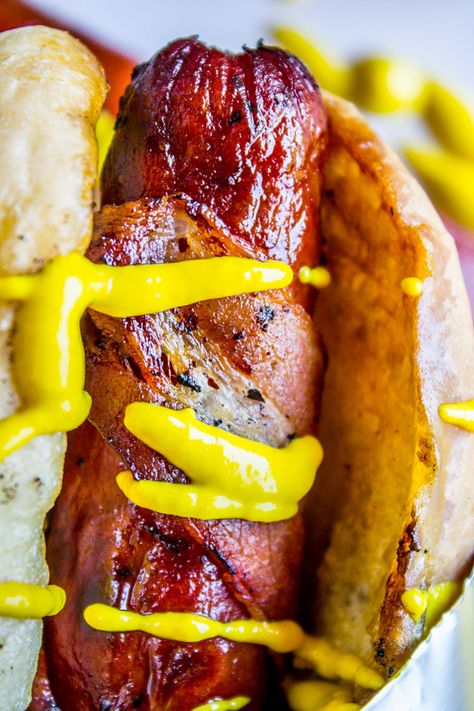 Bacon Wrapped Hot Dogs (Grilled) - The Food Charlatan Hot Dogs Grilled, Bacon Wrapped Hot Dog, Bacon Hot Dogs, Bacon Wrapped Hotdogs, Grilled Bacon, Wrapped Hot Dogs, Grilling Recipes Sides, Dinner Then Dessert, The Food Charlatan