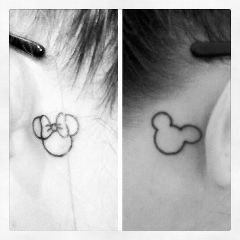 Mickey and Minnie Tattoos behind the ear and the castle on the neck? Small Disney Tattoos, Tattoos Behind The Ear, Ears Tattoo, Mickey And Minnie Tattoos, Minnie Tattoo, Antler Tattoo, Small Symbol Tattoos, Small Foot Tattoos, Hipster Tattoo