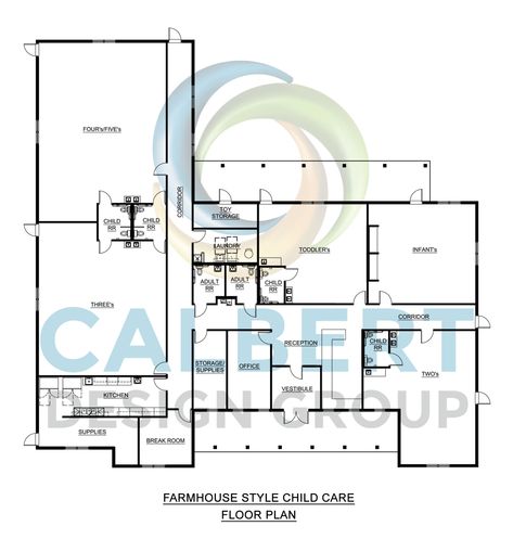 Childcare Floor Plans, Group Family Daycare Setup, Modern Daycare Design Exterior, Daycare Center Layout Floor Plans, Barndominium Daycare, Daycare Blueprints, Daycare Center Ideas Buildings, Daycare Design Layout, Farmhouse Daycare