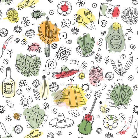 Doodles seamless pattern of Mexico with imitation watercolor. vector illustration Mexican Doodles, Mexican Pattern, Watercolor Vector, Bullet Journal Font, Journal Fonts, Food Collection, Notes Journal, Drawing Clipart, Sketch Notes