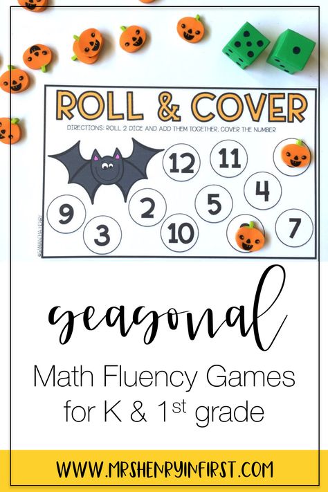 Halloween Roll The Dice Game, Roll A Pumpkin Dice Game Free, Fall Roll And Cover, Halloween Roll And Cover, Roll And Cover Halloween Free, Halloween Candy Math, Math Fluency Games, Dice Math Games, Halloween Math Games