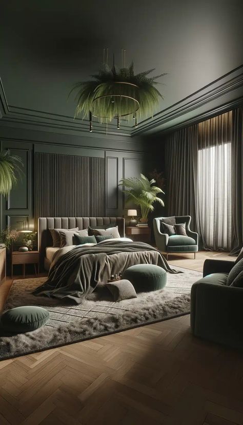 25 Inspiring Dark Green Bedroom Ideas for a Refreshing Change Lush Bedding, Green Upholstered Bed, Dark Green Bedroom Ideas, Dark Green Bedroom, Green Bedroom Walls, Free Home Decor, Green Bedroom Ideas, Dark Green Wallpaper, Bedroom Decoration Ideas