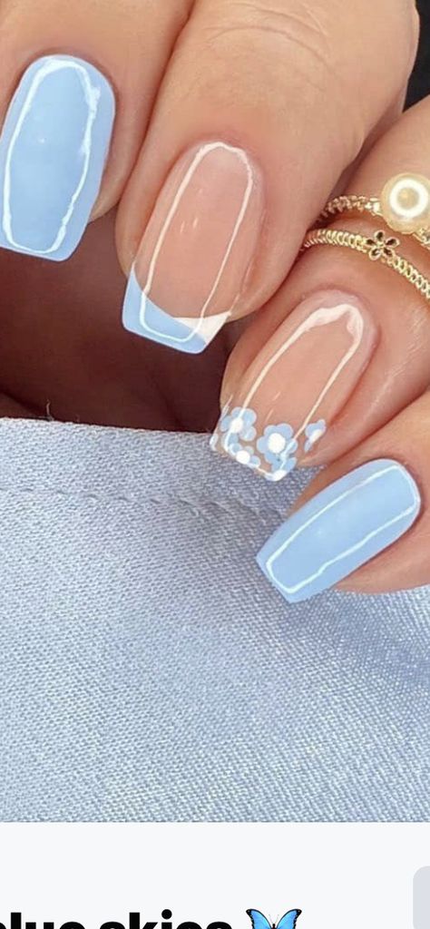 Blue Natural Nail Designs, Summer Nail Designs 2024 Square, Pink And Blue Nail Ideas, Polish Ideas For Short Nails, French Manicure With Blue, Confetti Nails, Light Blue Nails, Nails Fun, Manicure Nail Designs