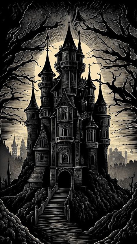 Fall Of The House Of Usher Art, Dark House Drawing, Horror Castle, Haunted House Pictures, Haunted House Drawing, Teen Bathroom, Spooky Castle, Vampire Castle, Facts About Halloween