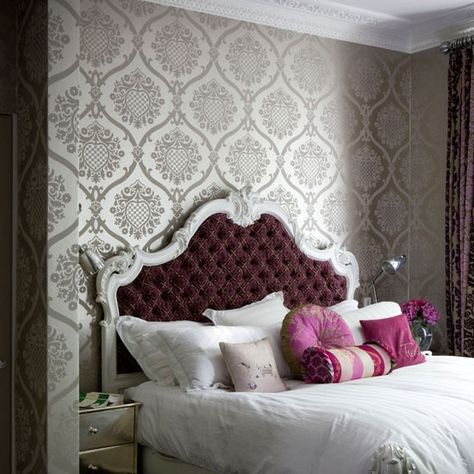 Get a boudoir-style bedroom. Choose a shimmering metallic design to add instant glamour to your bedroom, and don't be afraid to paper all four walls for bags of boudoir chic.  #Sleeptember Pink Wallpaper Bedroom, Paper Bedroom, Bedroom French, French Style Bedroom, Bedroom Purple, Frames Ideas, Glamourous Bedroom, Purple Bedrooms, French Bed