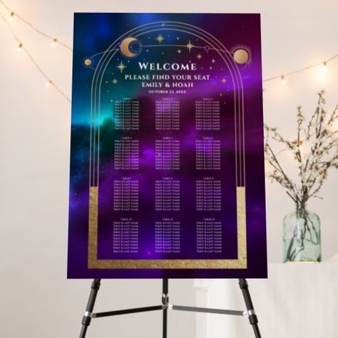 $77.20 | Cosmic Purple Teal Gold Sun Moon Stars Wedding #wedding, seating wedding, elegant wedding, modern chic arrangement, wedding reception seating chart, modern freestanding plan, spring summer fall winter, elegant table plan, simple arrangement, purple teal gold wedding Teal Gold Wedding, Astronomy Wedding, Moon Stars Wedding, Wedding Reception Seating Chart, Stars Astronomy, Cosmic Background, Reception Seating Chart, Stars Wedding, Wedding Reception Seating