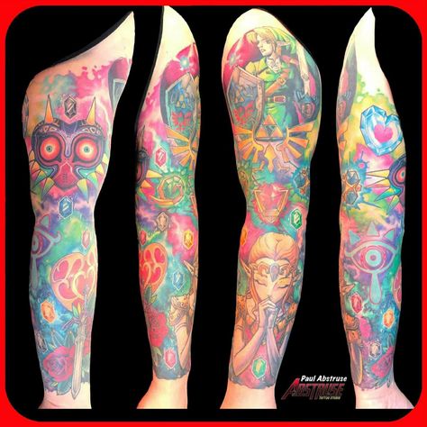 Zelda Sleeve Tattoo, Zelda Tattoo Sleeve, Zelda Sleeve, Zelda Tattoo, Mask Tattoo, Gaming Tattoo, Majoras Mask, Tattoo Sleeve, Sleeve Tattoo