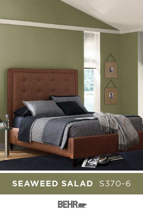 BEHR® Paint in Seaweed Salad perfectly ties together the earth-tone color palette in this nature-inspired bedroom. Inspired by the shades of green, gray, and brown in this space? Click below for full color details to learn more. Behr Equestrian Green, Media Room Paint Colors, Paint Color Guide, Best Gray Paint Color, Color Of The Month, Kb Homes, Grey Paint Colors, New Homes For Sale, Room Paint