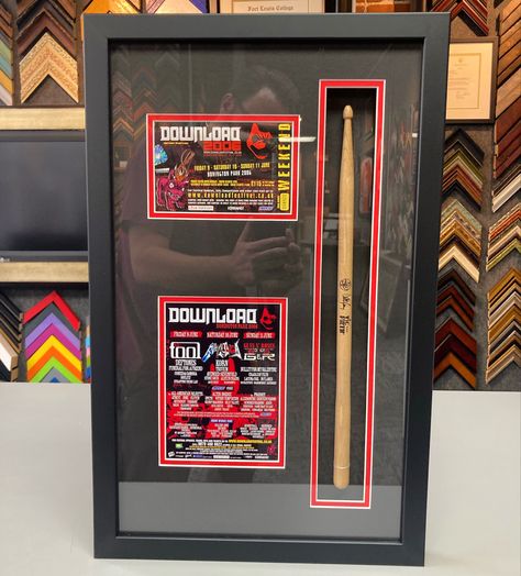 🥁Custom framed Danny Carey drumstick and mini-poster using acid-free materials and UV glass! #art #denver #colorado #pictureframing #customframing #5280customframing #tool #toolband #dannycarey #drummer Drum Stick Display, Concert Memorabilia Display, Drumstick Display, Rock Restaurant, Danny Carey, Vinyl Frame, Memorabilia Display, Drum Room, Artist Ideas