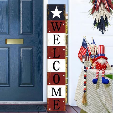 PRICES MAY VARY. 【Full of Elaborate Detail】This Welcome porch sign made of wooden materials ,reliable and wear resistant, fine workmanship, smooth and textured, will not easily break and fade. It measures 7.87"L x 0.78"W x 47.2"H. It's carefully crafted just for you. 【What you get】Requires self-assembly of three wooden boards, comes with rope and tools; In the package, you will receive 3 Patriotic wood signs, wood signs with measure 15.7 x 7.87 inches of each piece, and the assembly height is 47 4th Of July Welcome Sign, Fourth Of July Wood Signs, Patriotic Wood Signs, Patriotic Welcome Sign, Usa Wood Sign, Americana Porch Sign, Welcome Door Signs, Wooden Porch, Wooden Welcome Signs