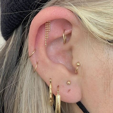 Cassi Lopez-March on Instagram: “*beautiful cascading waterfalls*✨#sogoldbk #allgoldeverything #piercer #piercings” Brain Surgery Survivor, Triple Lobe, Minimalist Ear Piercings, Ear Curation, Cool Ear Piercings, Pretty Ear Piercings, Cool Piercings, Cute Ear Piercings, Ear Style