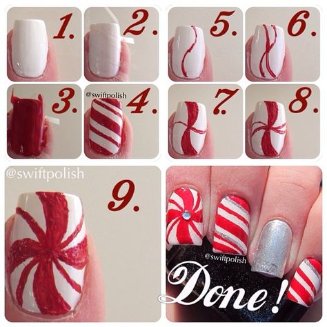 Peppermint Swirl Nails, Swirl Nails, Candy Cane Nails, Nails Tutorial, 25 Days Of Christmas, Disney Nails, Art How, Nail Tutorials, Cool Nail Art