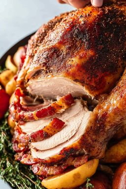 Bacon Roasted Thanksgiving Turkey delivers smoky flavors and juicy meat for a memorable holiday meal. Try this recipe today! Grilled Baby Back Ribs, Turkey Crown, Drinks Smoothies, Turkey Salad, Vegan Donuts, Turkey Breast Recipe, Grilled Turkey, Coconut Ice, Whole Turkey