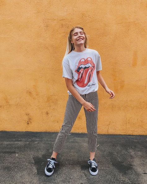 I wonder if the stones ever stopped rolling. Haha Yellow Clothes Aesthetic, Band T Shirt Outfit, Stripe Tee Outfit, Yellow Clothes, Stripe Tee, Pinterest Outfits, Moda Vintage, Tee Outfit, Mellow Yellow