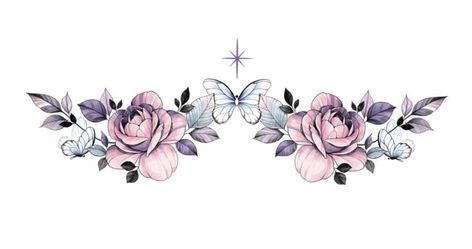 Butterfly Flower Chest Tattoo, Under Belly Tattoo Woman, Floral Chest Tattoo Female Upper, Mandala Color Tattoo Women, Flower Tattoo Chest For Women, Chest Tattoo Female Color, Sternum Tattoo Women Butterfly, Woman Chest Tattoo Middle, Butterfly Sternum Tattoo Women