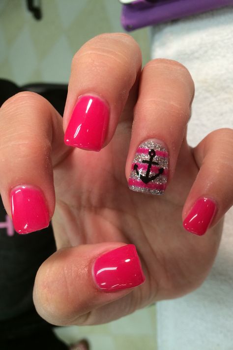 Hot pink anchor nails Anchor Nail Designs, Anchor Nail Art, Anchor Nails, Cruise Nails, Nautical Nails, Natural Nail Art, Short Nails Art, Pink Nail Designs, Winter Nail