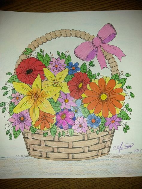 Basket With Flowers Drawing, Flowers Basket Drawing, Basket Of Flowers Drawing, Flower Basket Drawing, Bucket Drawing, Painting Baskets, Drawing Pictures For Kids, Painted Bar, Painted Bar Stools