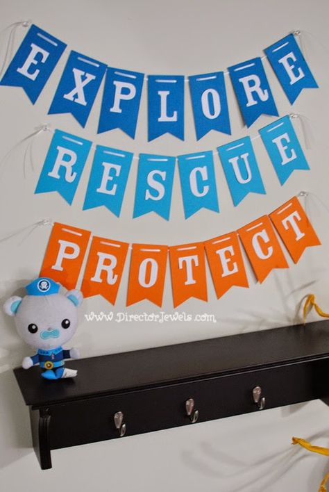 Explore Rescue Protect Banner | Captain Barnacles | Octonauts Birthday Party Decoration Ideas | Under the Sea Ocean Decor at directorjewels.com Octonauts Birthday Party Food, Birthday Party Decoration Ideas, Octonauts Birthday Party, Captain Barnacles, Octonauts Party, Party Decoration Ideas, Ocean Birthday, Birthday Planning, Ocean Decor