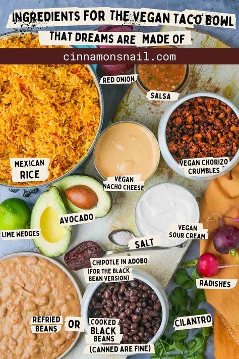 Burrito Bowl Vegan, Fluffy Mexican Rice, Vegan Burrito Bowl, Lunch Board, Rice Tofu, Vegan Nacho Cheese, Vegan Tamales, Burrito Bowl Recipe, Vegetarian Burrito