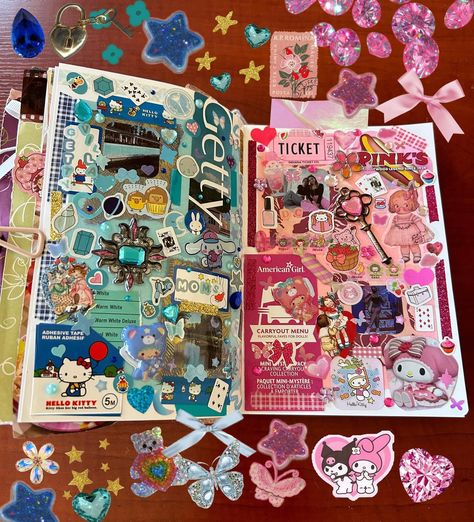 I've been in a funk for the past few days and focusing on painting so I'm not sure how I feel about these pages 😭 but I wanted to try making doing two monochrome-ish spreads so I went with the sparkly scrapbook paper I had in pink and blue! 🪼💘 #journaling #scrapbooking #collage #stickers #junkjournal #journal #scrapbook #trashjournal Things For Journal, Pink Junk Journal, Junk Journal Scrapbook, How To Do Stickers, Sticker Journaling Ideas, How To Make A Collage, Junk Journal Spreads, Bujo Collage, Scrapbook Drawings