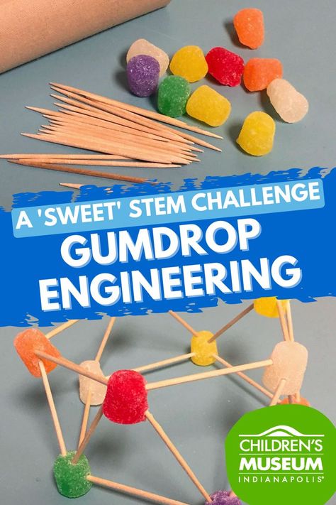 Photos: (1) Gumdrops, toothpicks, and a roll of brown butcher paper laying on a grey table top. (2) a simple structure using toothpicks and gumdrops at the joints. It's made of lots of triangles all connected together like a mini jungle gym. Family Learning Activities, Simple Stem Challenges, Engineering For Kids, Easy Stem, Steam Activity, Structural Engineer, Free Homeschool Resources, Stem Challenge, Stem Activity