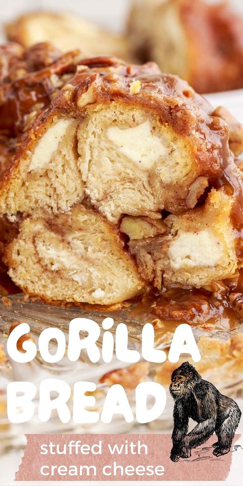 Cream Cheese Filled Monkey Bread, Cream Cheese Monkey Bread Recipe, Gorilla Bread Cream Cheese, Pull Apart Breakfast Bread, Breakfast Pull Apart Bread, Cream Cheese Monkey Bread, Gorilla Bread, Cinnamon Sugar Pull Apart Bread, Pecan Monkey Bread