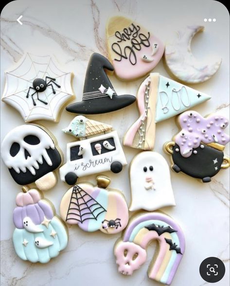 Halloween Party Cookies Decorated, Spooky One Birthday Cookies, Two Spooky Cookies, Pastel Halloween Cupcakes, Pastel Halloween Cookies Decorated, Halloween Gender Reveal Cookies, Spooky Sugar Cookies, Coffin Sugar Cookies, Spooky One Cookies