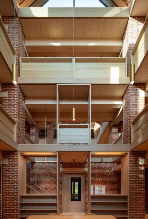 Atrium Design, New College, College Library, Timber Architecture, Roof Lantern, Large Lanterns, Timber Panelling, Ceiling Light Design, Brick Architecture