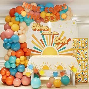 Boho Baby Shower Decorations, Retro Baby Showers, Here Comes The Son, Sunshine Birthday Parties, Baby Shower Theme Decorations, Sunshine Baby Showers, Sunshine Birthday, Birthday Party Tables, Baby Shower Decorations For Boys