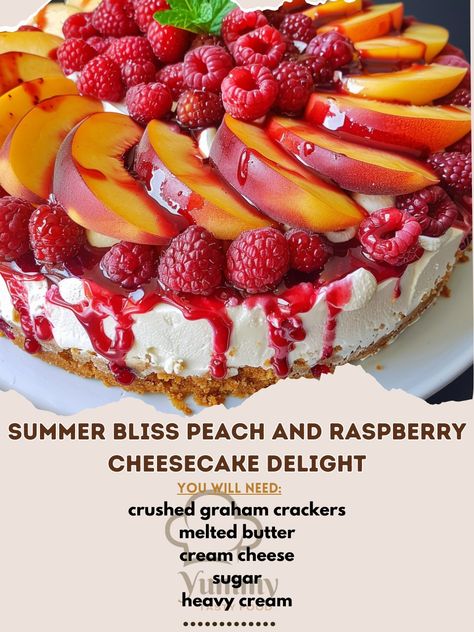 🍑🍰 Dive into Summer Bliss with Peach and Raspberry Cheesecake Delight! A dessert that's as sweet as sunshine. #CheesecakeDay #SummerDessert 🍽️ Summer Bliss Peach and Raspberry Cheesecake Delight 🛒 Ingredients: 200 grams crushed graham crackers 100 grams melted butter 300 grams cream cheese, softened 100 grams sugar 200 ml heavy cream 1 teaspoon vanilla extract 2 peaches, sliced 150 grams fresh raspberries 1/4 cup raspberry jam Mint leaves for garnish 👩‍🍳 Instructions: Crust: Mix crushed g... Peach And Raspberry Cheesecake, Raspberry Cheesecake, Springform Pan, Raspberry Jam, Summer Desserts, Graham Crackers, Melted Butter, Cream Cheese, Butter Cream