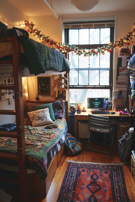 Cozy college dorm room with a bunk bed, desk, and holiday decorations. Triple Dorm Room Ideas, Triple Dorm Room, Triple Dorm, Dorm Room Makeover, Dorm Room Closet, College Dorm Room Organization, Diy Storage Solutions, Closet Room Organizer, Mens Room Decor