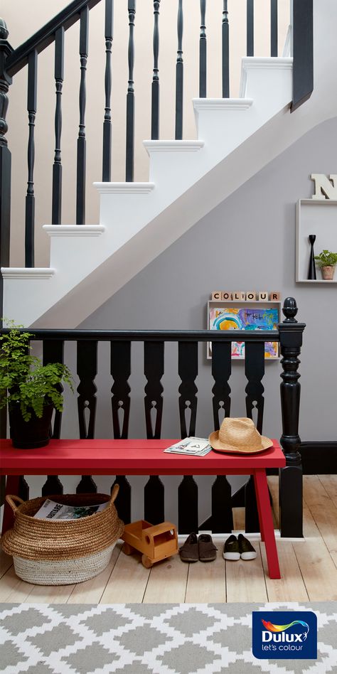 Grey Hallway Ideas Stairways, Two Tone Hallway, White Hallway Ideas, Grey Hallway Ideas, Hallway Colour Schemes, Black Staircase, Grey Hallway, Hallway Colours, House Beautiful Magazine