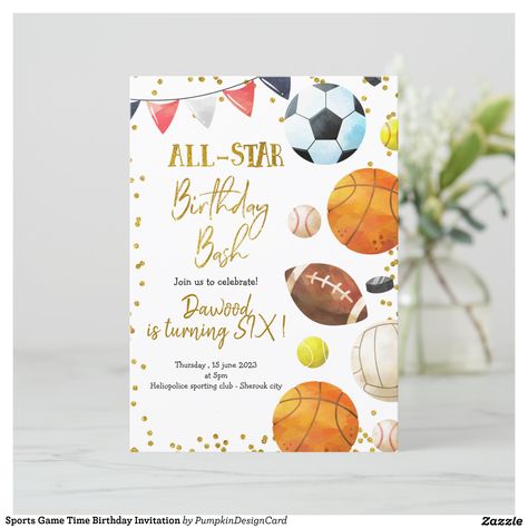 Sports Game Time Birthday Invitation | Zazzle Sports Invitation Card Design, Sports Themed Birthday Party Ideas, Sports Invitation, 3rd Birthday Party For Boy, Sports Party Invitations, Sport Birthday, Sports Birthday Invitations, Baseball Theme Party, Sports Theme Birthday